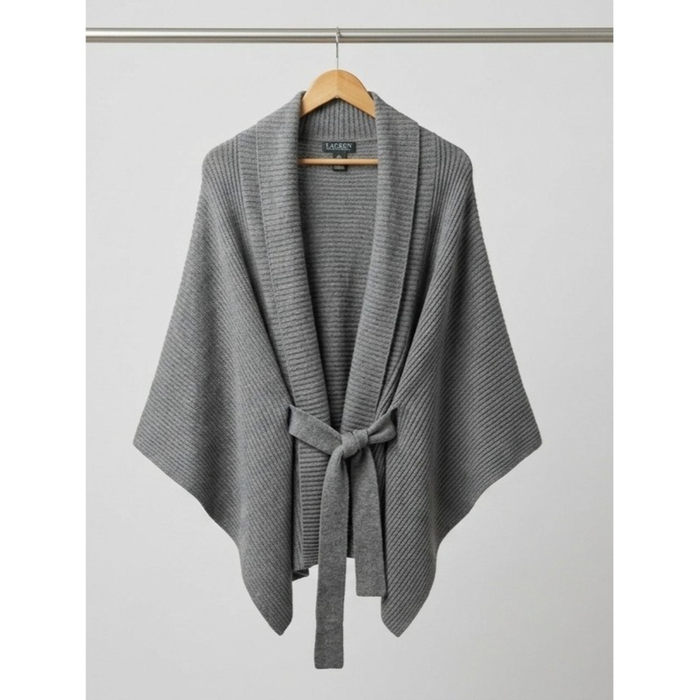 Lauren Ralph Lauren Gray Ribbed Belted Poncho Sweater Cardigan One Size